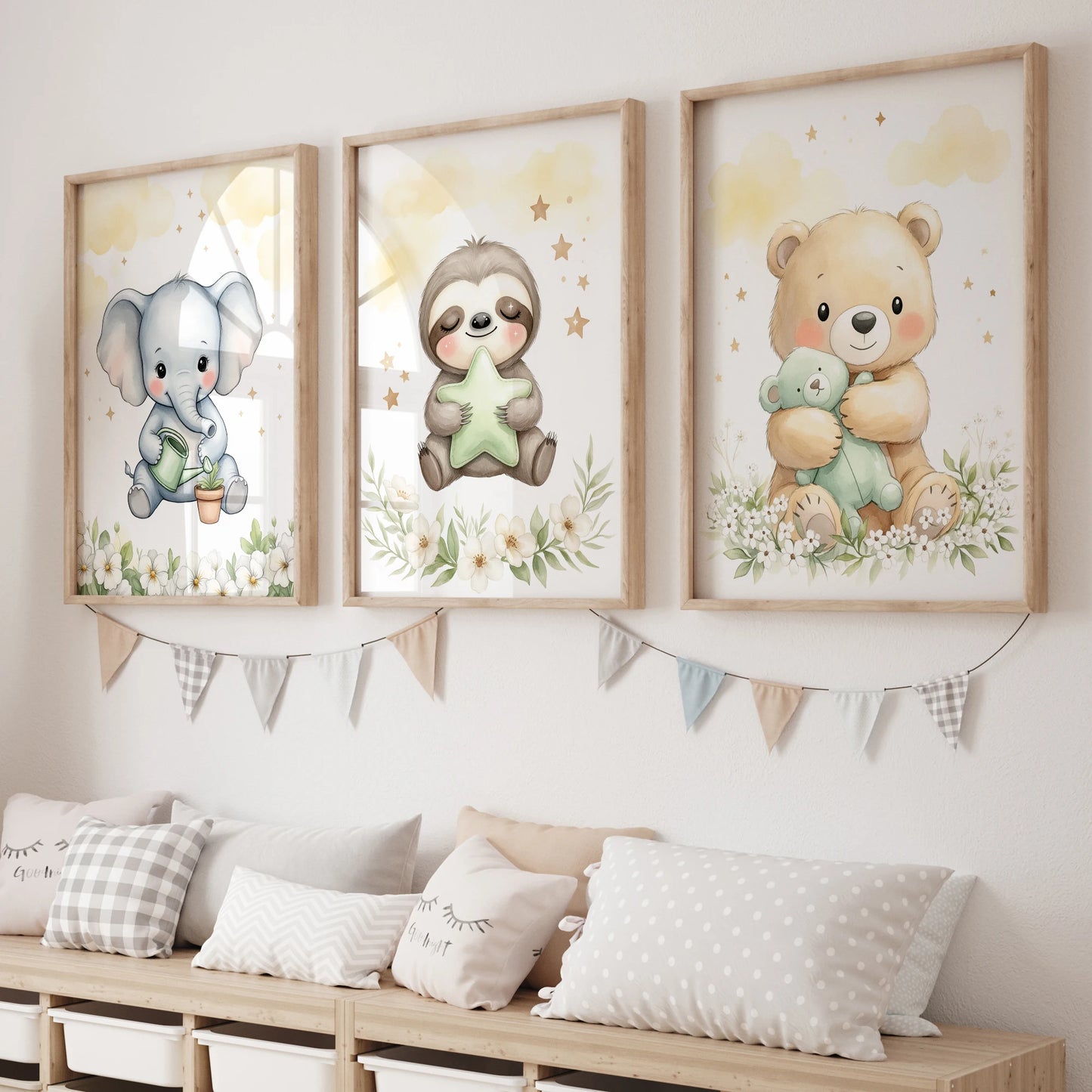 3-Piece Elephant & Sloth Canvas Wall Art | Home & Kids Room Decor