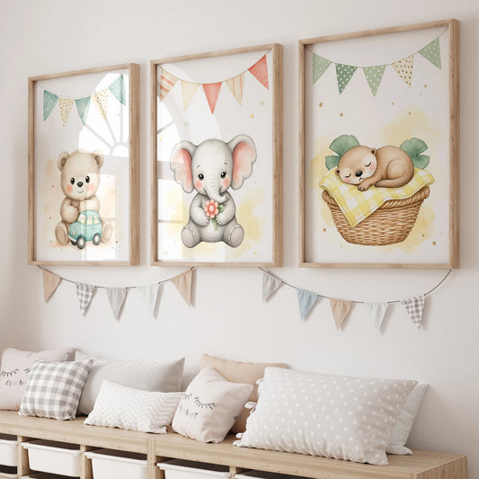 Watercolor Elephant Bear Canvas Wall Art | Kids Room Decor Canvas Wall Art Print Peaceful Pleasures Health and Wellness GP069-3pcs 30x40cm Unframed