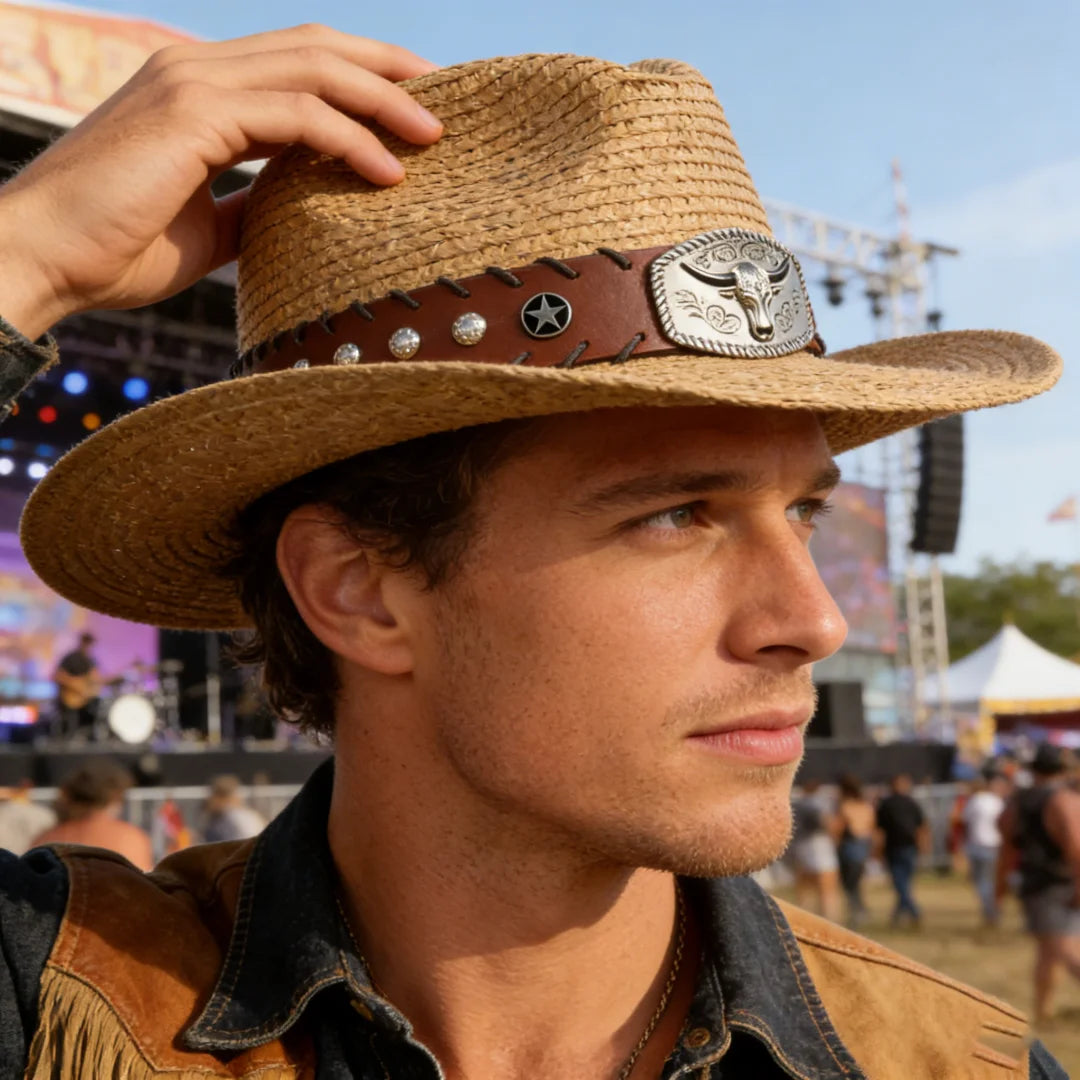 Straw Western Cowboy Hat Bull Skull Buckle Leather Band Wide Brim