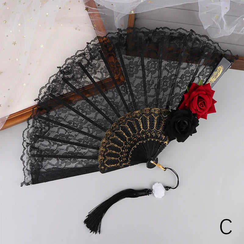 Ladies Lace Folding Hand Fan with Tassels | Wedding & Dance