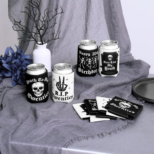 Gothic 30th Birthday Skull Can Coolers – Death to My 20s (4pk) Can Cooler Sleeve Peaceful Pleasures Health and Wellness