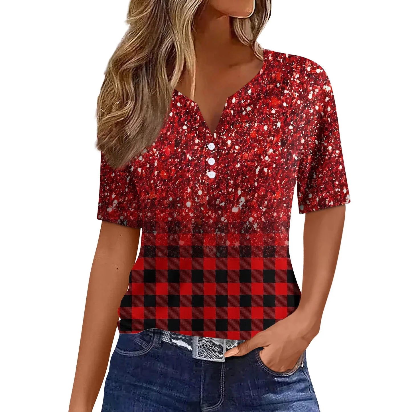 2024 Summer Patchwork T-Shirts Button Tops Womens Casual Short Sleeve Loose Ladies V-Neck Female Street Clothes Pullover Peaceful Pleasures Health and Wellness