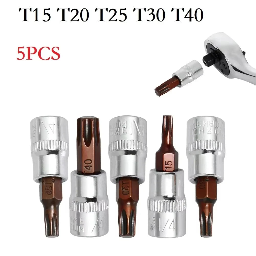 5 Pcs Torx Screwdriver Bits 1/4 Inch Drive Socket Head Tools T15 T20 T25 T30 T40 Socket Wrench Adapter Hand Tools Peaceful Pleasures Health and Wellness