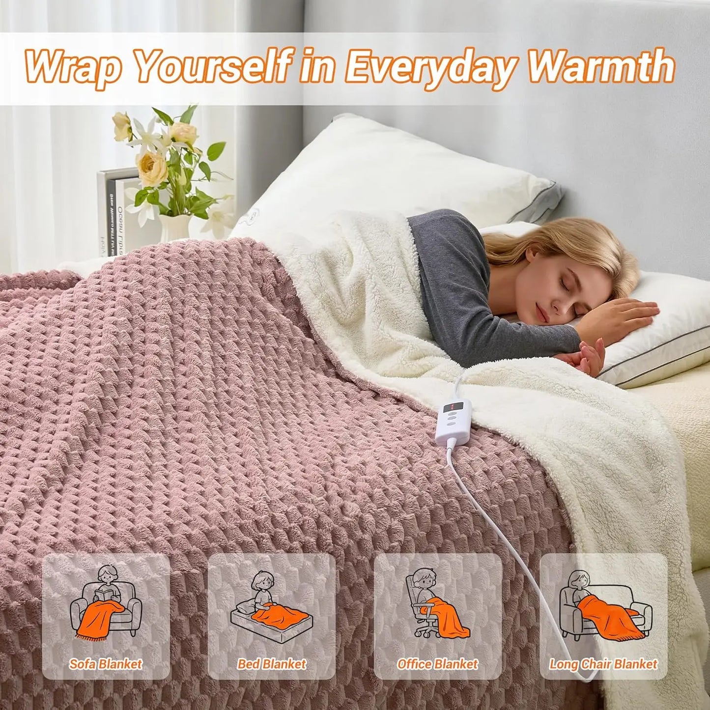 Twin Size Electric Heated Blanket 62x84 – Dual-Sided Fleece Sherpa, 10 Heat Levels Electric Heated Blanket Peaceful Pleasures Health and Wellness