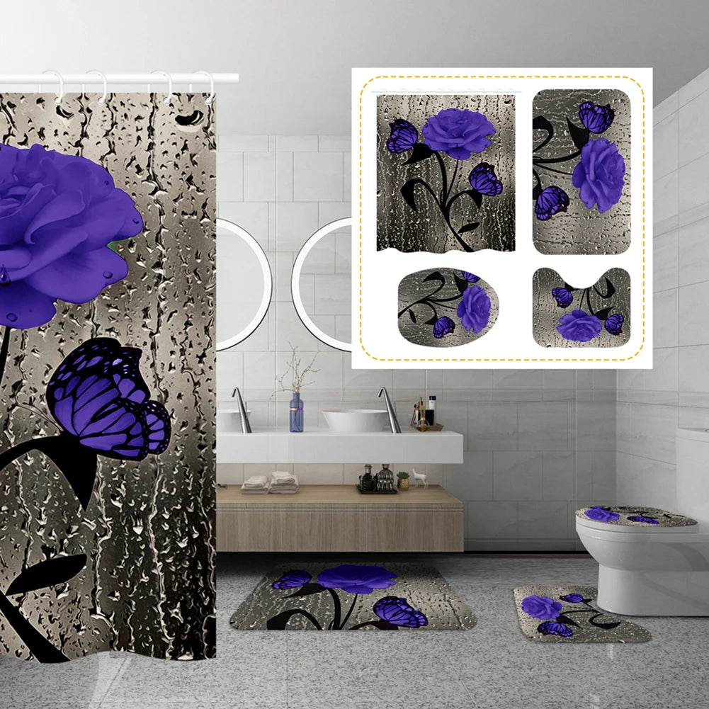 4pcs Set Doormat Shower Curtain with Non-Slip Rugs Toilet Seat Cover Bath Carpet Durable Waterproof Bathroom Home Entrance Decor Peaceful Pleasures Health and Wellness J