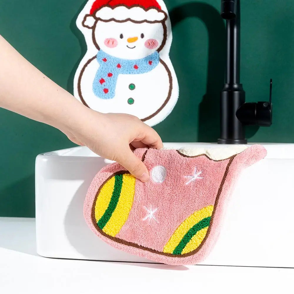 Household Coral Fleece Hand Towel Snowman Christmas Tree Socks Design Hand-wiping Hunging Kitchen Bathroom Quick-drying Towels Peaceful Pleasures Health and Wellness