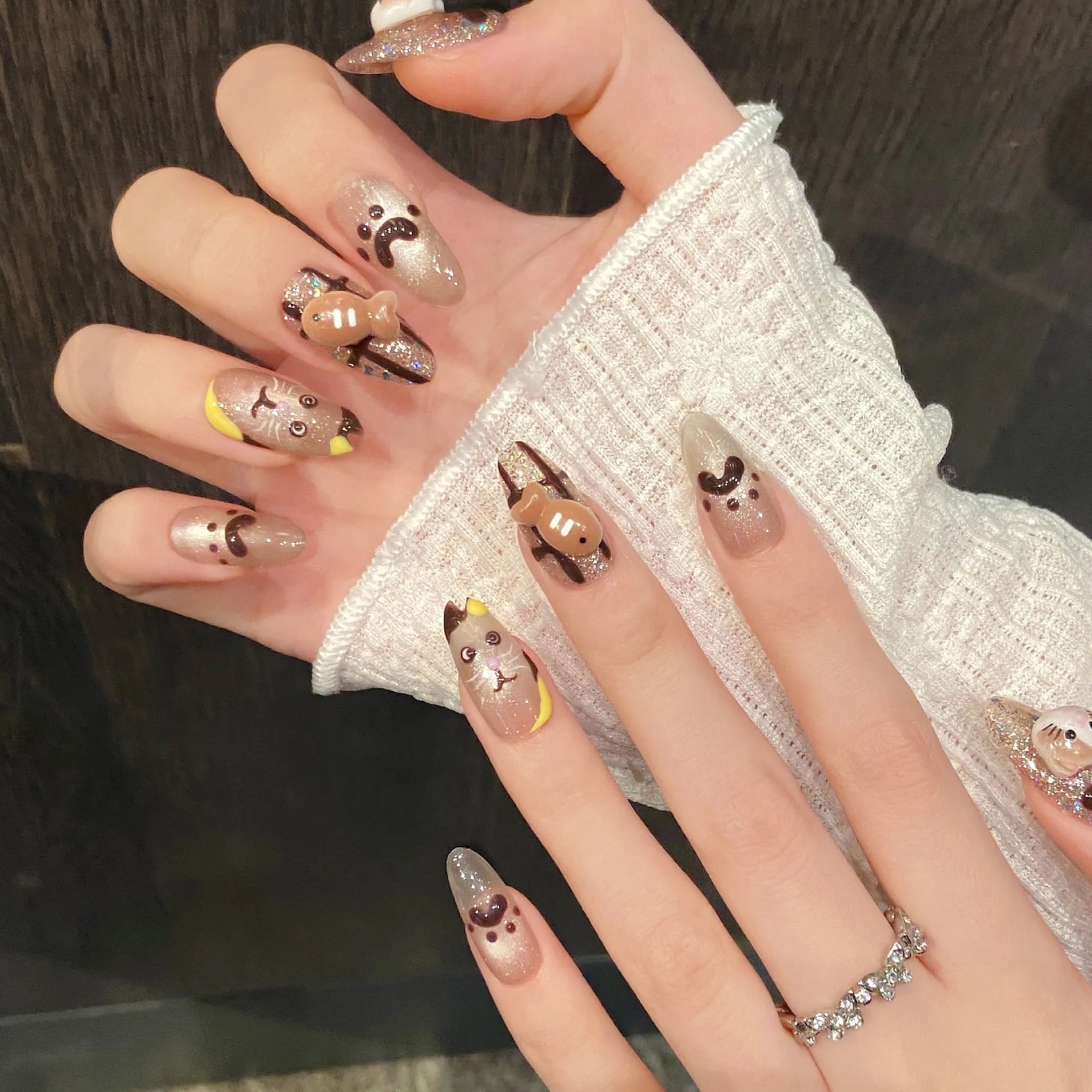 10pcs Handmade Cute Cat Fish Design Press on Nails Sweet Cat Eye False Nails Full Cover Wearable Korean Fake Nail Tips for Girls Peaceful Pleasures Health and Wellness