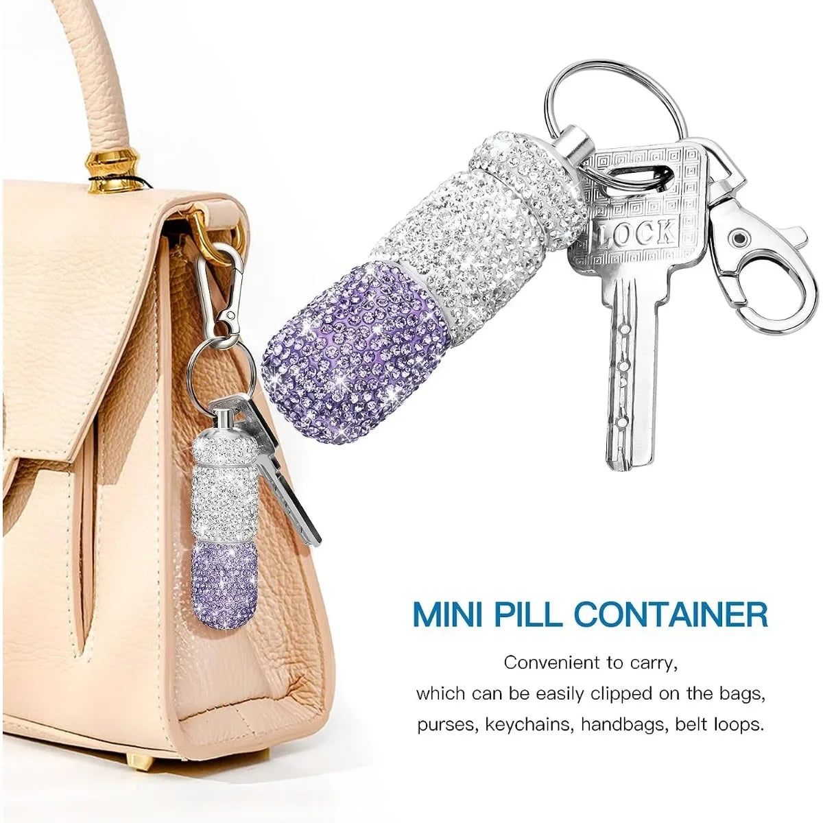 Bling Keychain Pill Box 2 Compartments Small Travel Pill Case Organizer Crystal Diamond Medicine Bottle Pill Bottle Keychain Peaceful Pleasures Health and Wellness