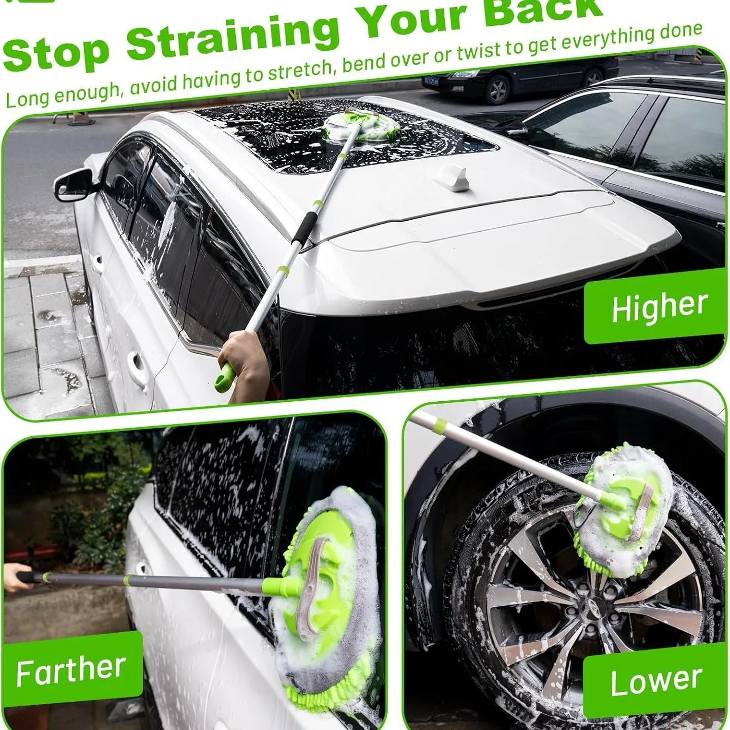 1 Set of Green Car Wash Mop with Attachable Brush Head, Extra-Long Car Cleaning Mop, Chenille 4-Section Detachable Mop, Also Suitable for Household Cleaning, Multifunctional Cleaning Mop Peaceful Pleasures Health and Wellness