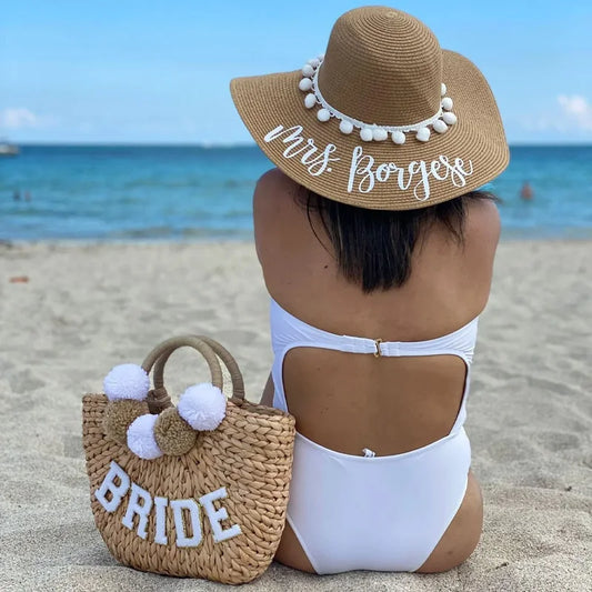 Personalized Mrs Straw Hat | Custom Floppy Beach Hat for Bride Custom Bridal Hat Peaceful Pleasures Health and Wellness