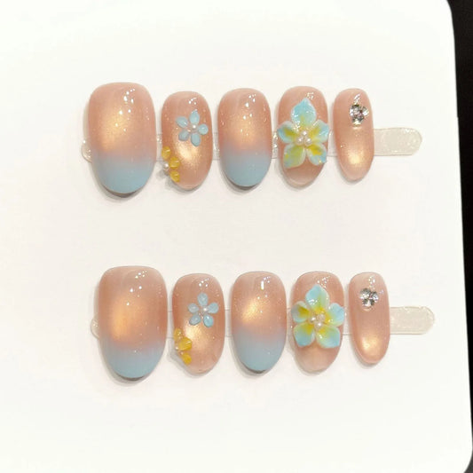 10pcs 3D Embossed Floral Handmade Press On Nails Gradient Blue Fake Nails With Cat's Eye Decor Wearable Oval Almond False Nails Peaceful Pleasures Health and Wellness