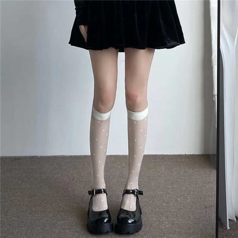 Japanese Style Ultra-thin Nylon Long Socks Polka Dot Sexy Mesh Fishnet Stockings High Elastic Transparent Summer Over Knee Socks Peaceful Pleasures Health and Wellness