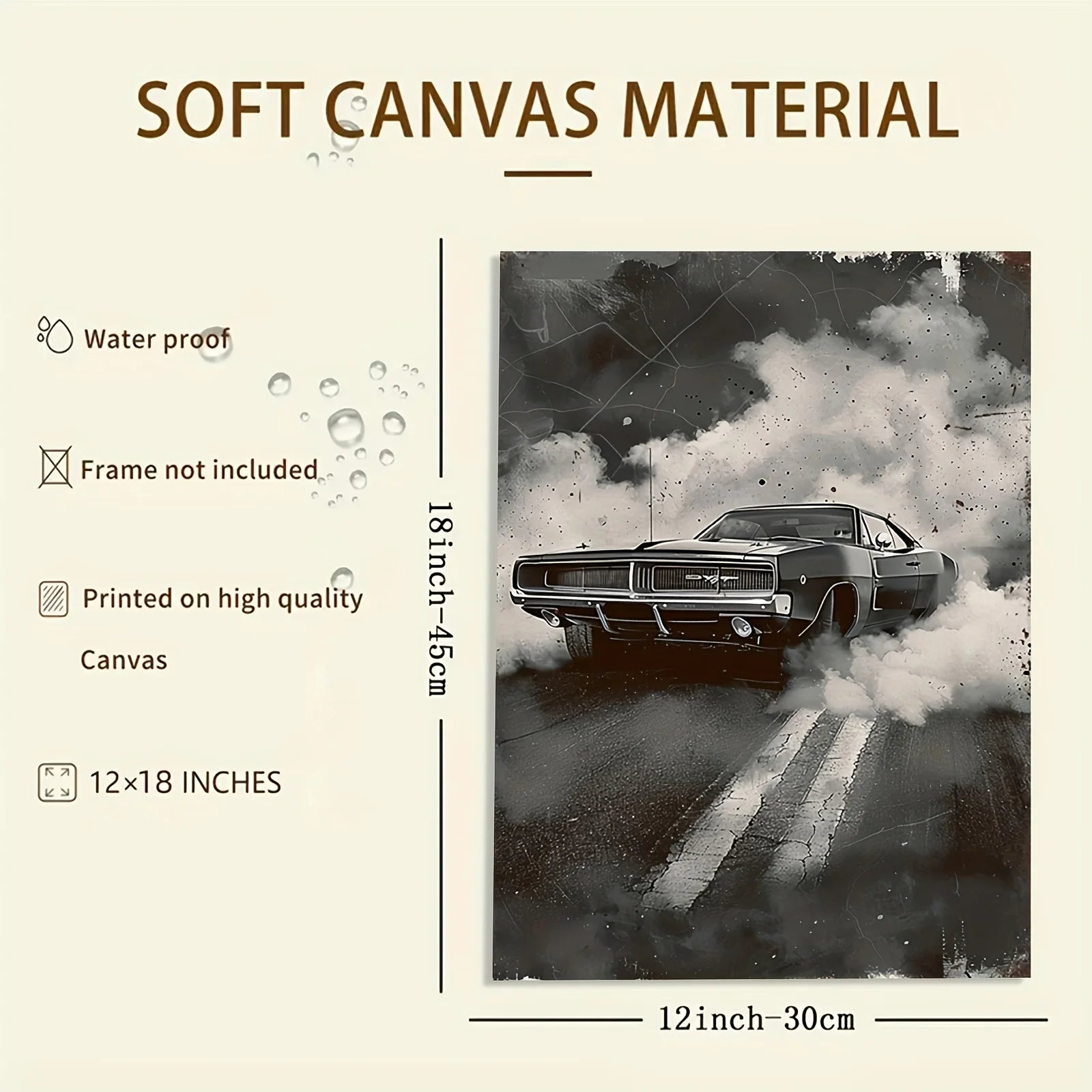 Black and White Muscle Car Canvas Print – Drifting Smoke Scene, Retro Auto Portrait, Frameless for Home Office Decor Peaceful Pleasures Health and Wellness