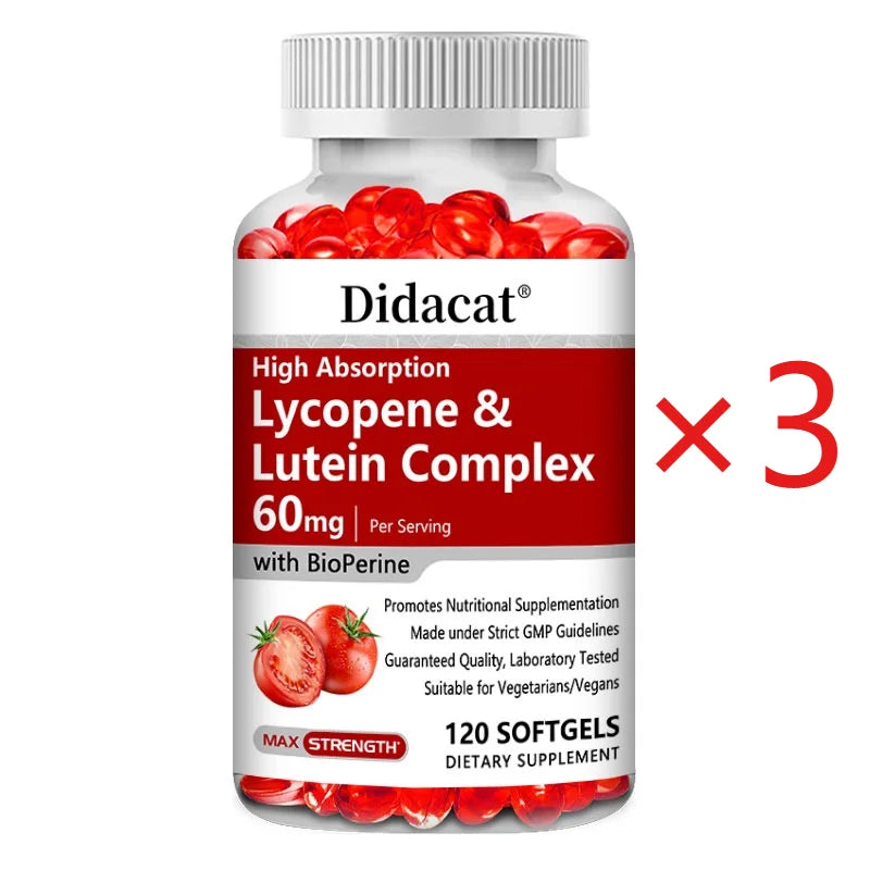 Lycopene & Lutein Complex 60mg Capsules with Bioperine, Antioxidant, Supports Prostate, Heart, Eye & Urinary System Health Peaceful Pleasures Health and Wellness 120 count-3 bottle