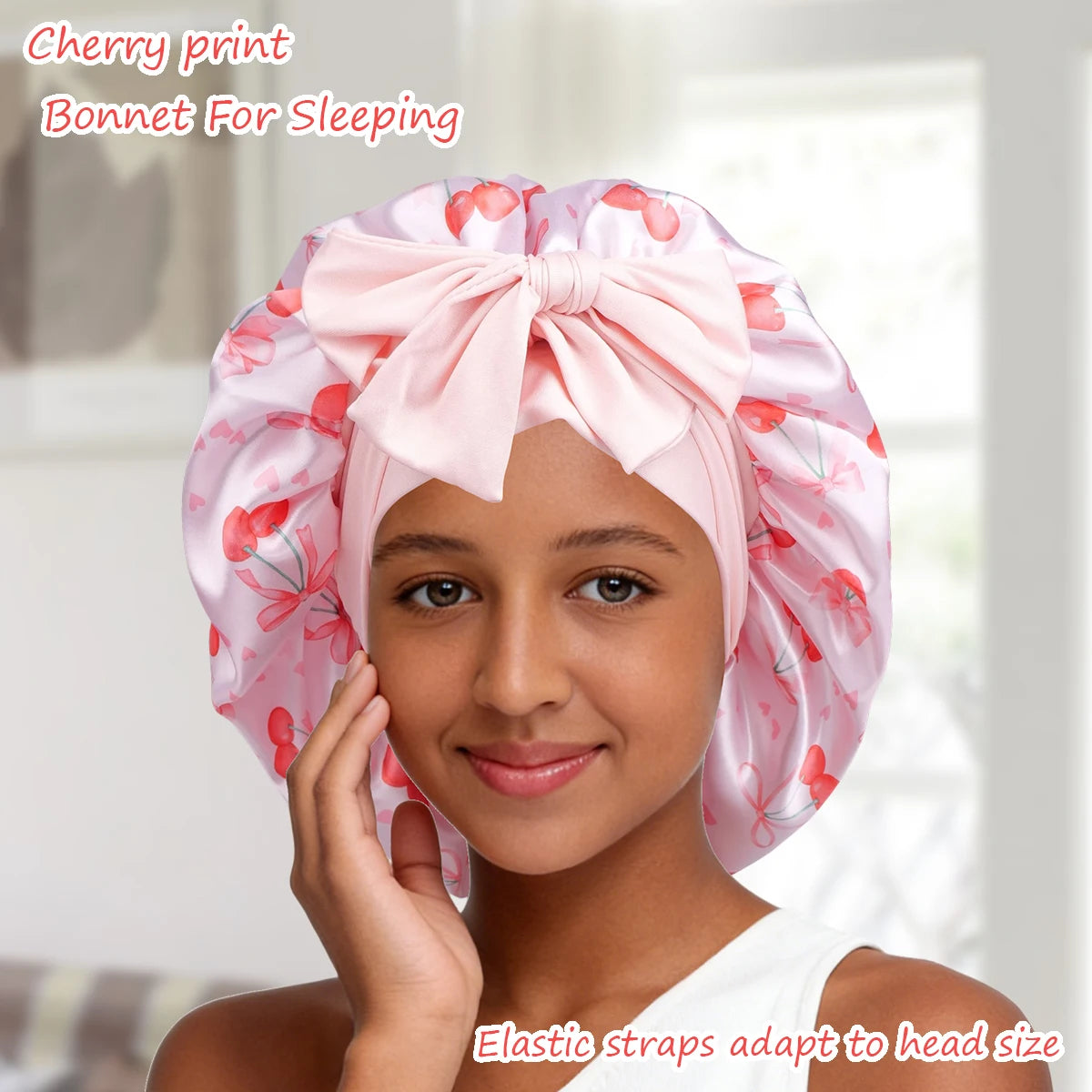 Adjustable Satin Sleep Bonnet Cherry Pattern | Hair Cap with Bow