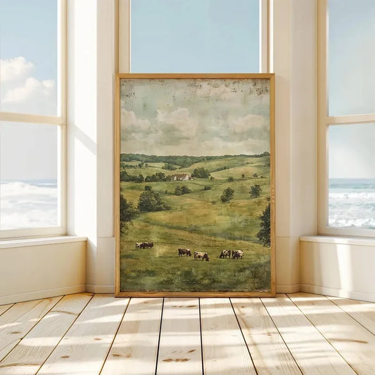 Retro Farmhouse Cow Landscape Canvas Wall Art Print | Unframed Canvas Wall Art Peaceful Pleasures Health and Wellness G5239 21x30cm Unframed