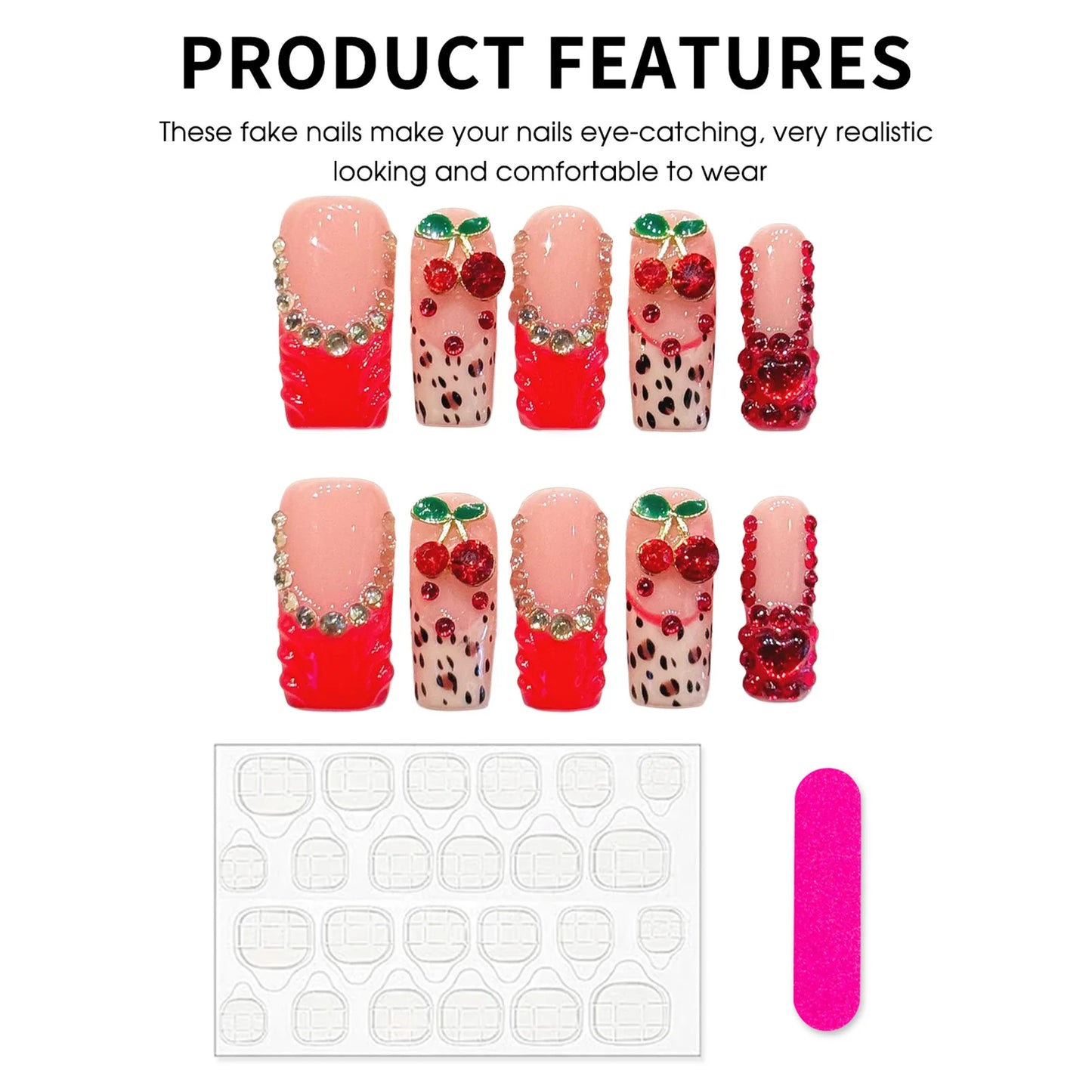 Cherry Red Leopard Press On Nails | Glitter Rhinestone French