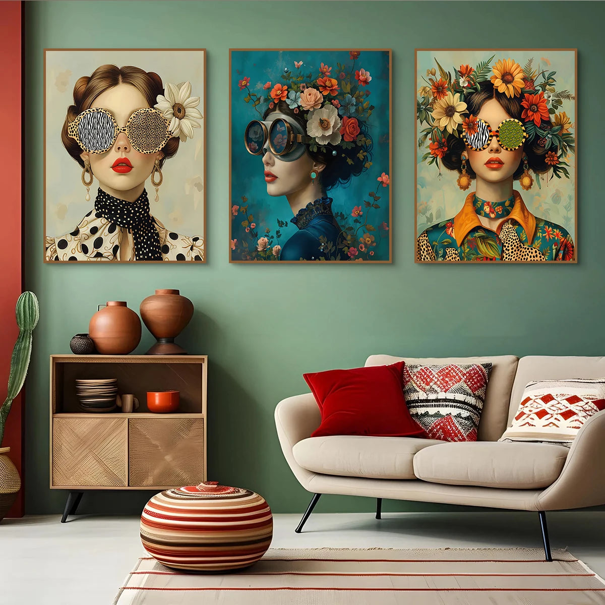 3pcs Nordic Boho Fashion Glasses Woman with Flowers Wall Art Canvas Painting Butterfly Girl Portrait Poster Prints Mural Picture Peaceful Pleasures Health and Wellness ZLH3129-ACE-3PCS 30x40cm Unframed