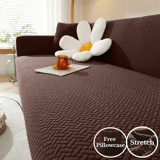 Jacquard Sofa Cover For Living Room Elastic Thick Jacquard Sofa Cover For L-shaped Corner Sofa Cover 1/2/3Seater with Pillowcase Peaceful Pleasures Health and Wellness Coffee Long Grid 1 Seater 90-140cm