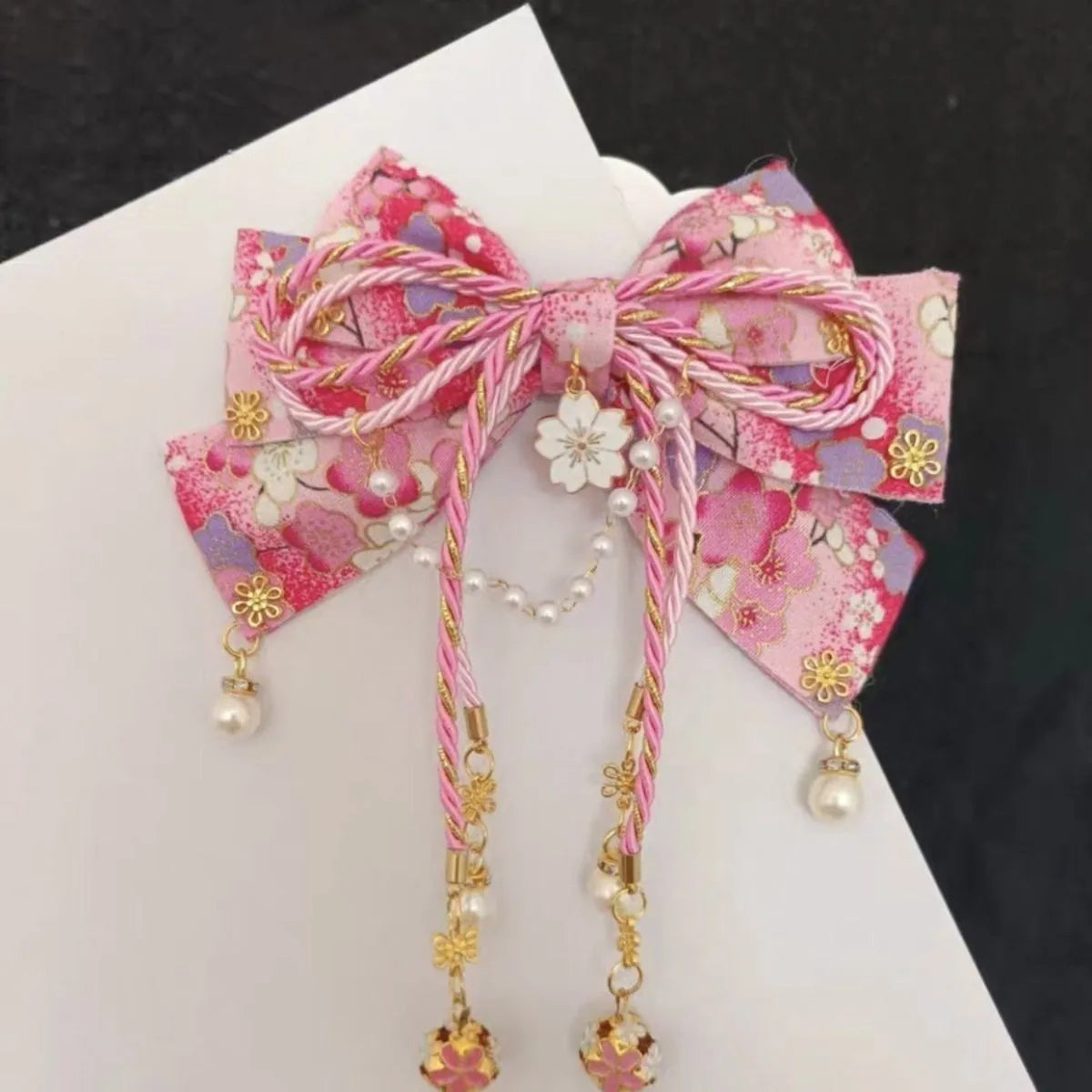 Japanese Style Girl with Hot Stamping Cherry Blossom Bow Hair Accessory Lolita Tassel Edge Clip Peaceful Pleasures Health and Wellness Pink