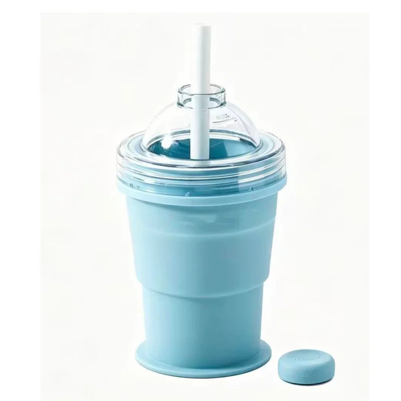 Food-Grade Silicone Foldable Ice Ball Cup 2 in 1 Ice Mold and Water Bottle BPA-Free Portable Travel Tumbler for Outdoor Camping Peaceful Pleasures Health and Wellness Blue 101-200ml