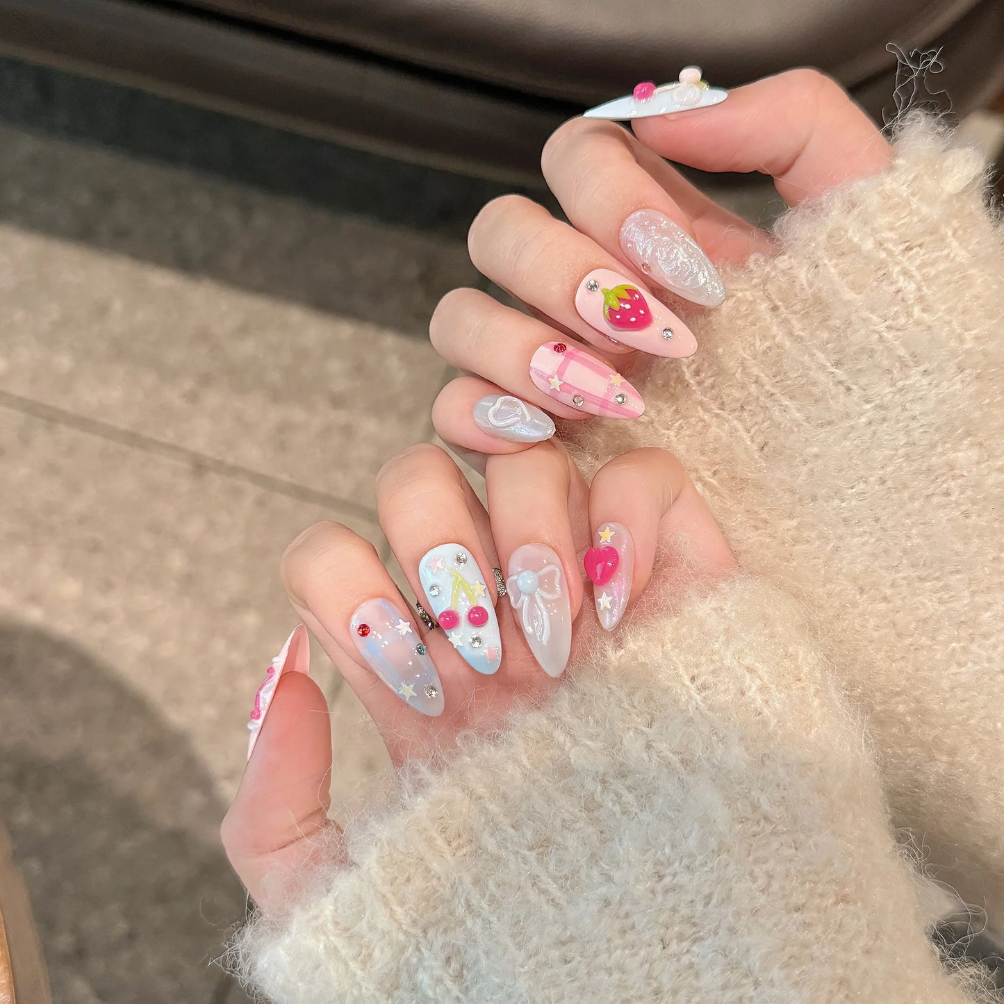 Handmade Press on Nails Ins Sweet Pink Blue Color Fake Nails for Girls Wearable 3D Cherry Love Star Korean Cute False Nail Tips Peaceful Pleasures Health and Wellness