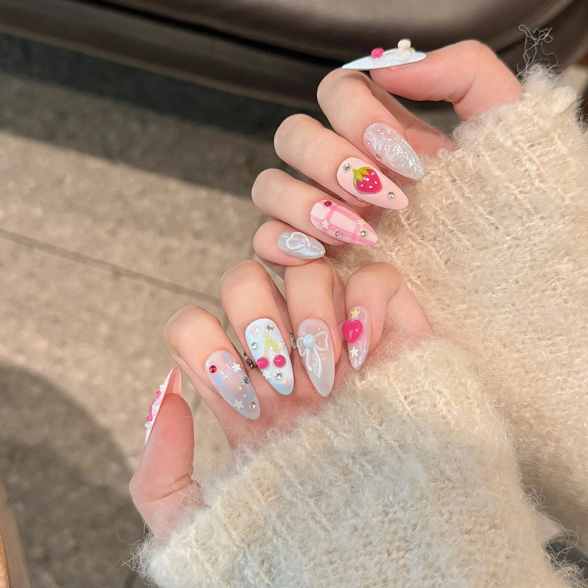 Handmade Press on Nails Ins Sweet Pink Blue Color Fake Nails for Girls Wearable 3D Cherry Love Star Korean Cute False Nail Tips Peaceful Pleasures Health and Wellness