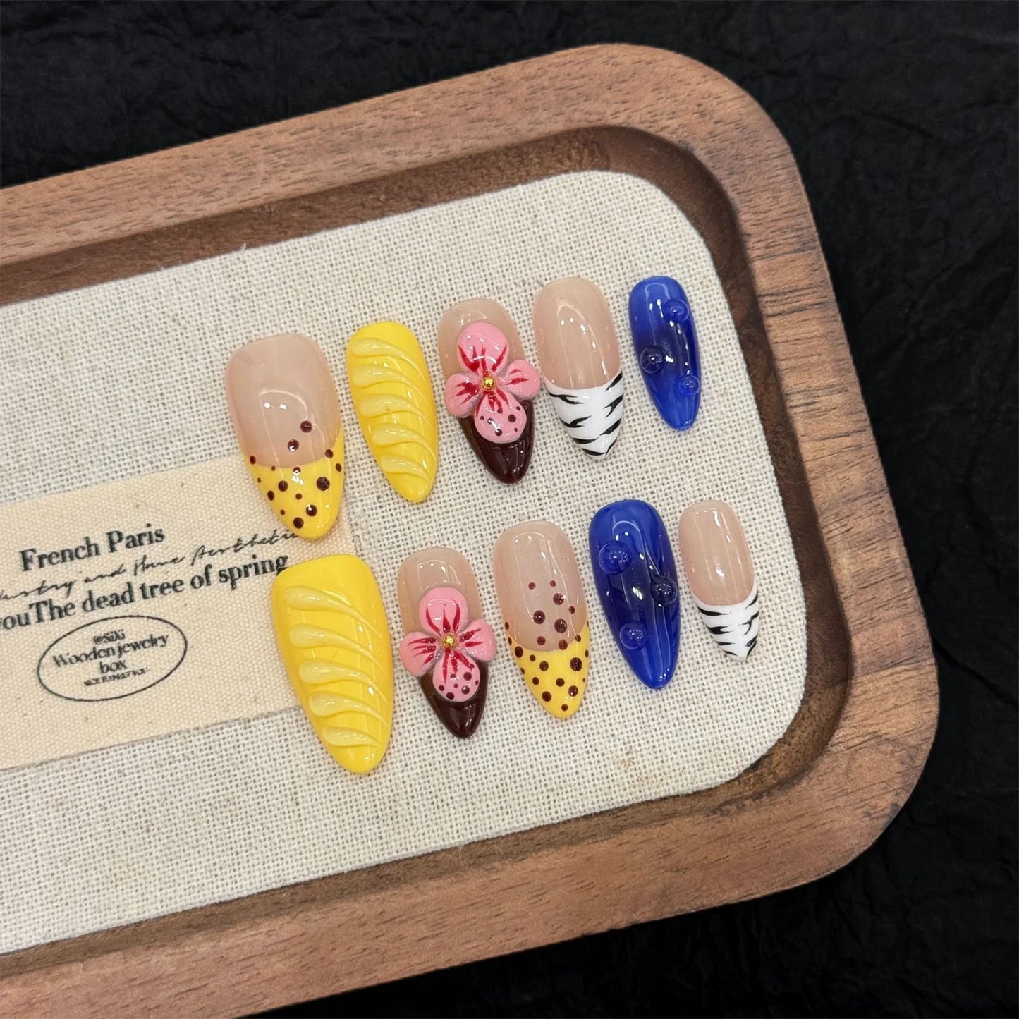 10pcs Handmade Press on Nails Crystal Striped Almond French Nail Art Fake Nails Tips Wearable 3D Carved Flower False Nails Decor Peaceful Pleasures Health and Wellness L