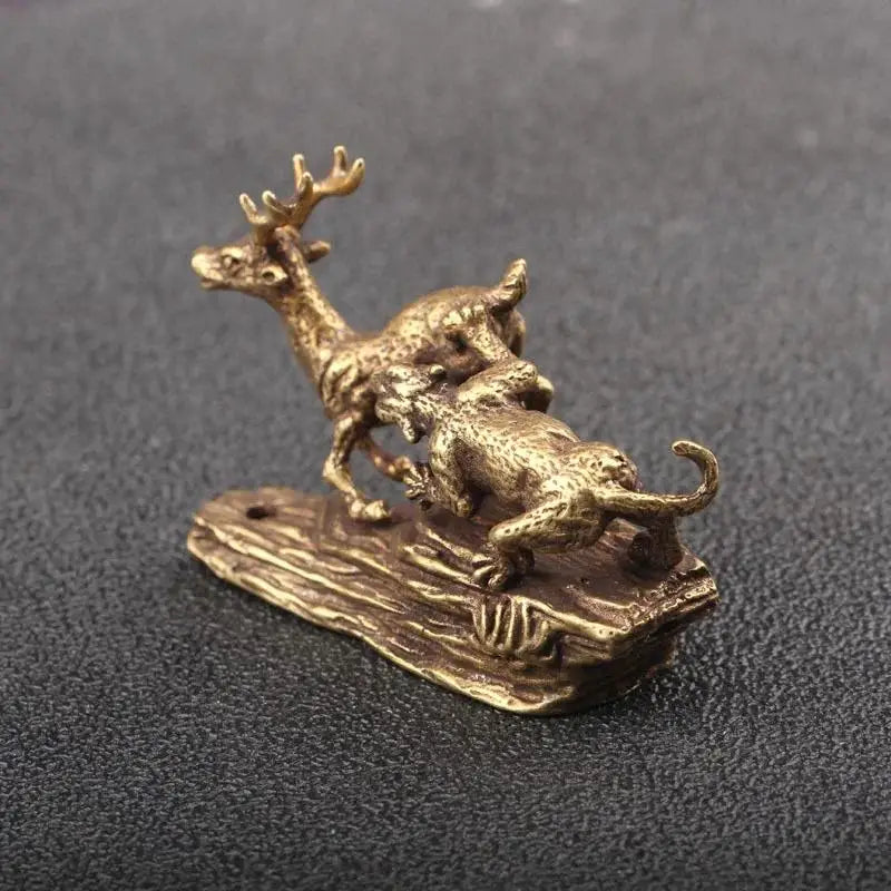 Pure Copper Tiger King Catching Deer Statue Small Ornament Antique