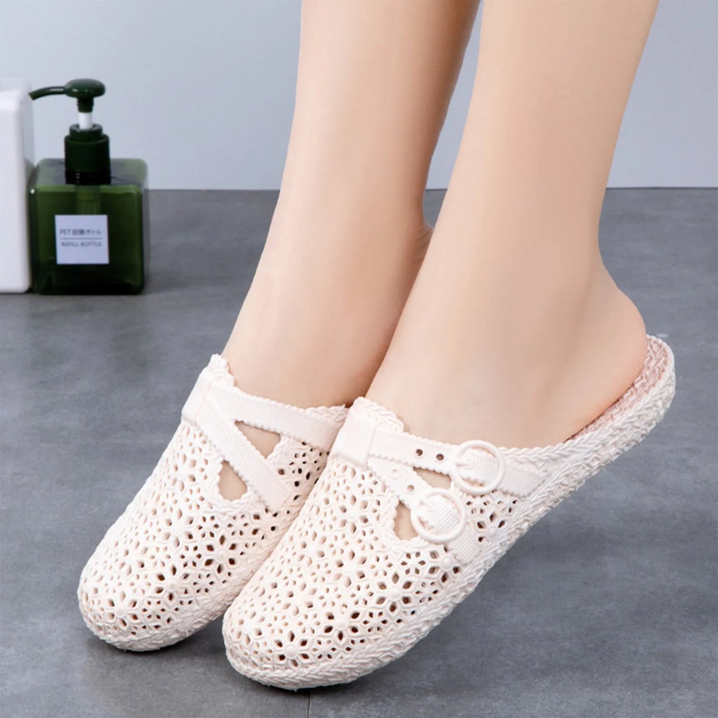 Wrapped Toe Breathable Slippers Women Summer Outer Wear Hole Shoes Home Fashion Casual Hollow Out Slip On Buckle Slipper Female Peaceful Pleasures Health and Wellness Beige 36