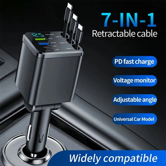 7-in-1 Car Charger 180W Retractable USB-C Dual Type-C Fast Charge Car Phone Charger Peaceful Pleasures Health and Wellness