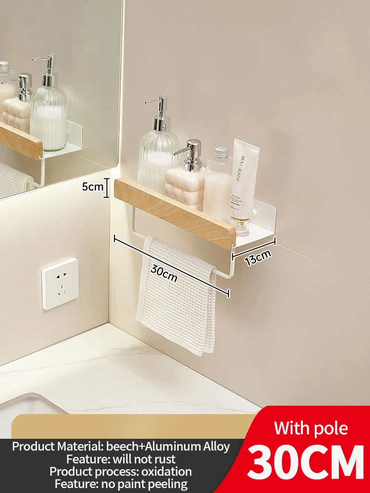 Wall-Mounted Wood & Aluminum Bathroom Shelf | Waterproof Storage