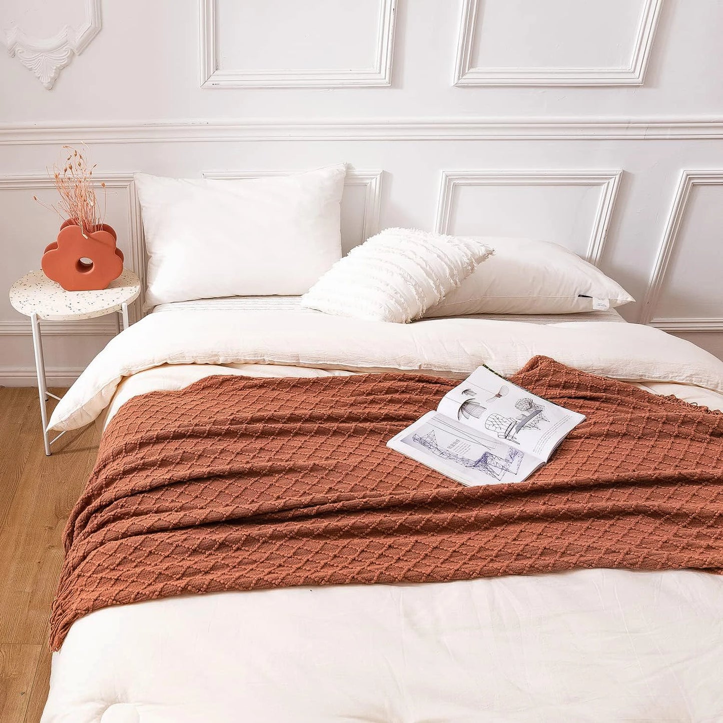 Battilo Orange Red Knitted Throw Blanket Fall Knit Throws for Bed Plaid Bedspread On The Bed Decorative Sofa Blanket Fall Decor Peaceful Pleasures Health and Wellness