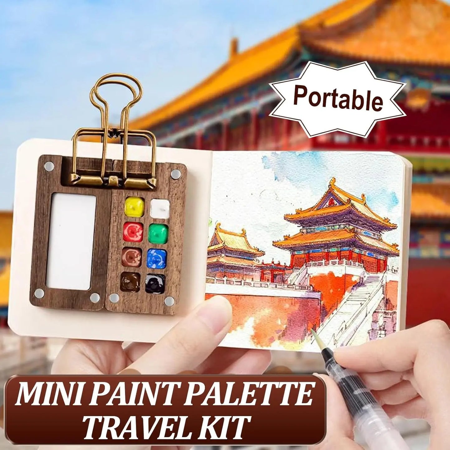 Mini Portable Watercolor Set – 8-Compartment Wooden Palette Kit