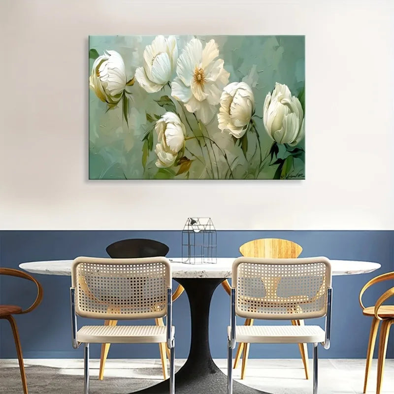 Chic White Floral Canvas Art Print Frameless for Bedroom, Living Room, Home Office Decor | Modern French Country Style Wall Art Peaceful Pleasures Health and Wellness