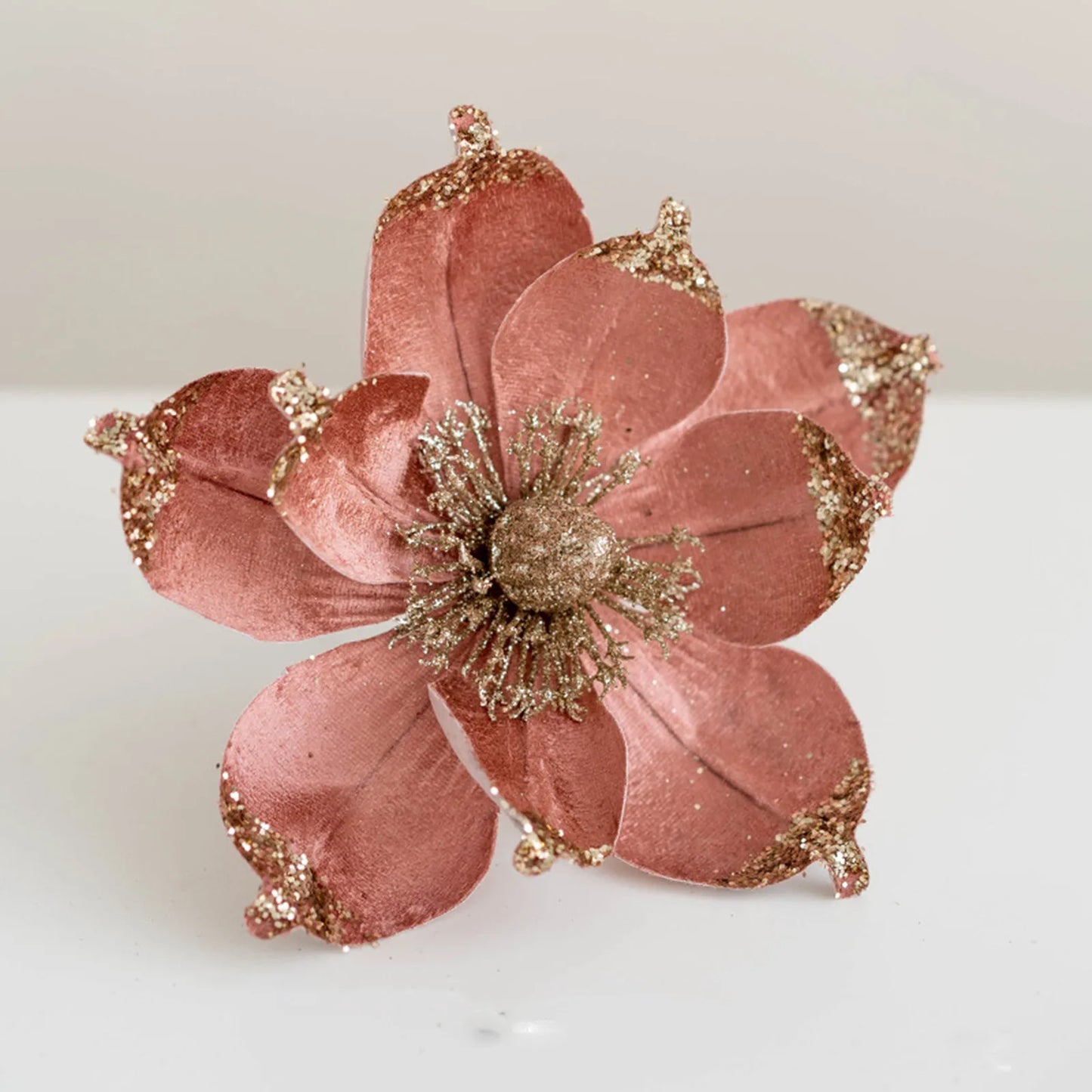 20cm Pink Glitter Magnolia Christmas Flower Pick | Xmas Decor