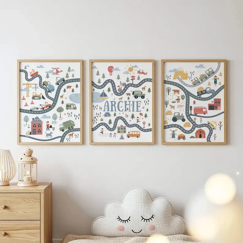 3-Piece Cartoon Transport & Animals Canvas Wall Art | Kids Decor