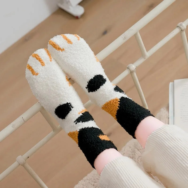 Women's Fuzzy Cat Paw Fluffy Socks | Warm Coral Fleece Floor Socks