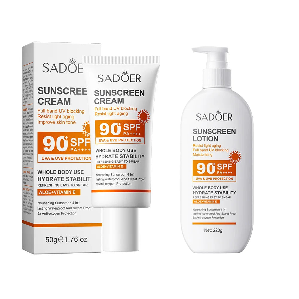 Lotion Solaire Pour Le Corps Et Le Visage, Super 220g, 50g Small bottle size, SPF 90 PA +++++, Utilisation Pour Tout Le Corps, Peaceful Pleasures Health and Wellness 220g-50g