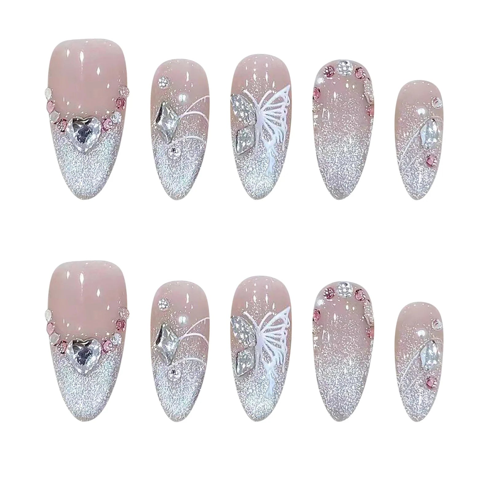 Handmade Press on Nails French Pink Cat Eye Fake Nails with Glitter Love Crystal Design Almond False Nails for Women Wearable Peaceful Pleasures Health and Wellness L