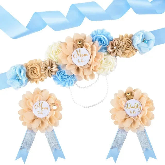 Flower Sash Set-Baby Shower Mom to Be Daddy to Be Corsage Pin- Belt for Maternity Dress Photo Props حزام Пояс Cinturón Ceinture Peaceful Pleasures Health and Wellness colors 24