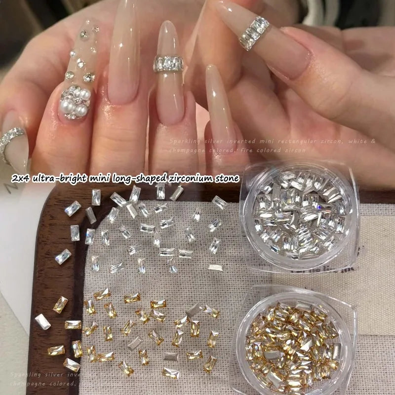 50Pcs Zirconia Strip Nail Rhinestones 2x4mm | Clear & Champagne