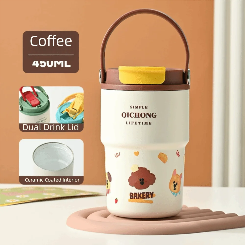 New Ceramic Liner Insulated Cup 450ML Handle Vacuum Mug Double drinking straw Water Bottle Gifts Peaceful Pleasures Health and Wellness Coffee-450ml <50ml