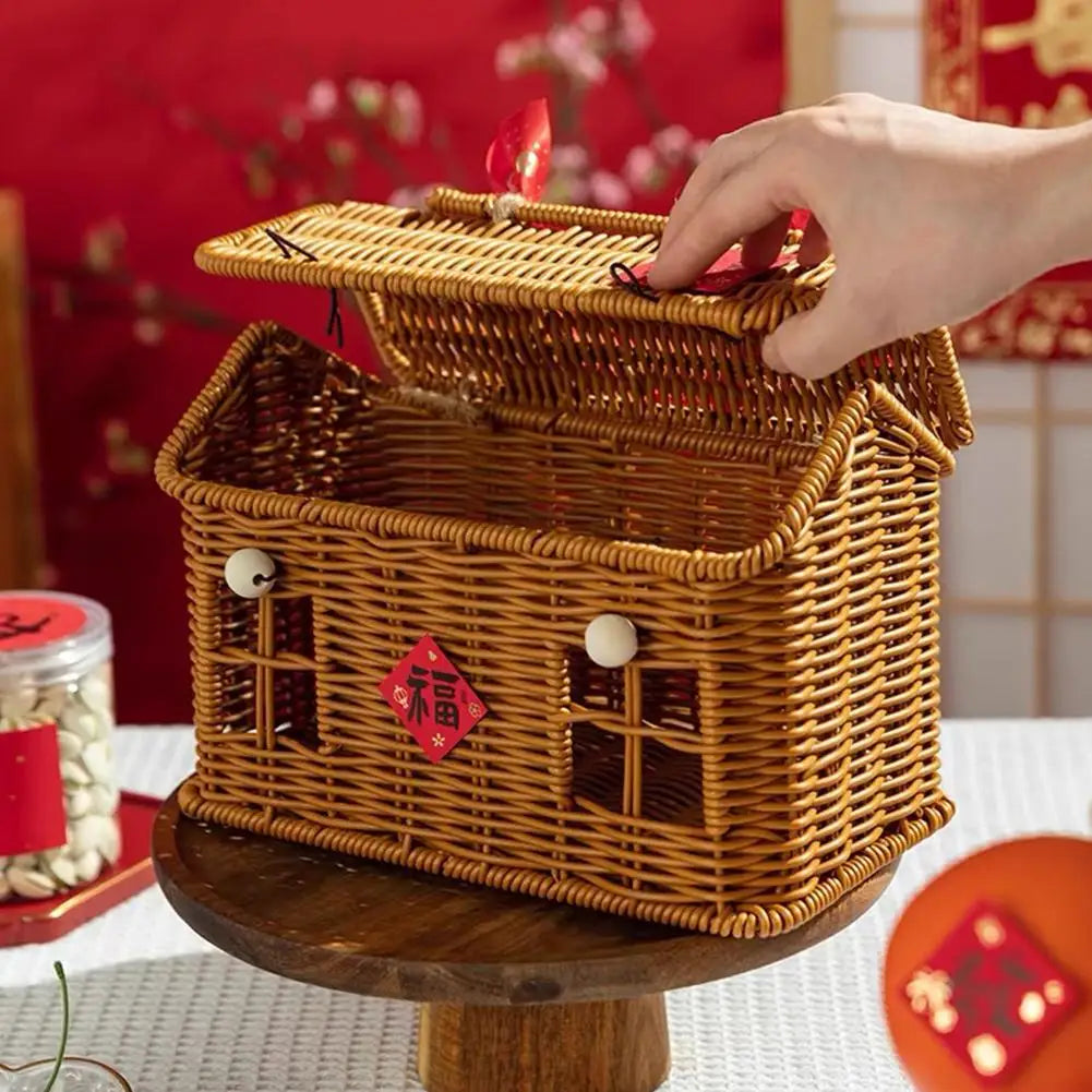 House-Shaped Rattan Basket with Lid & Handle | Wicker Organizer