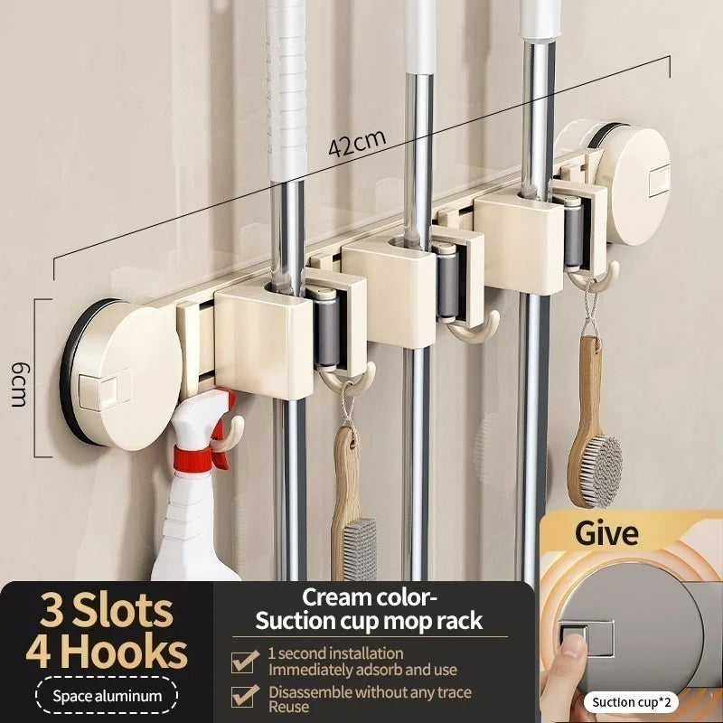 No-Drill Suction Cup Mop Rack Wall-Mounted Holder with 6 Hooks