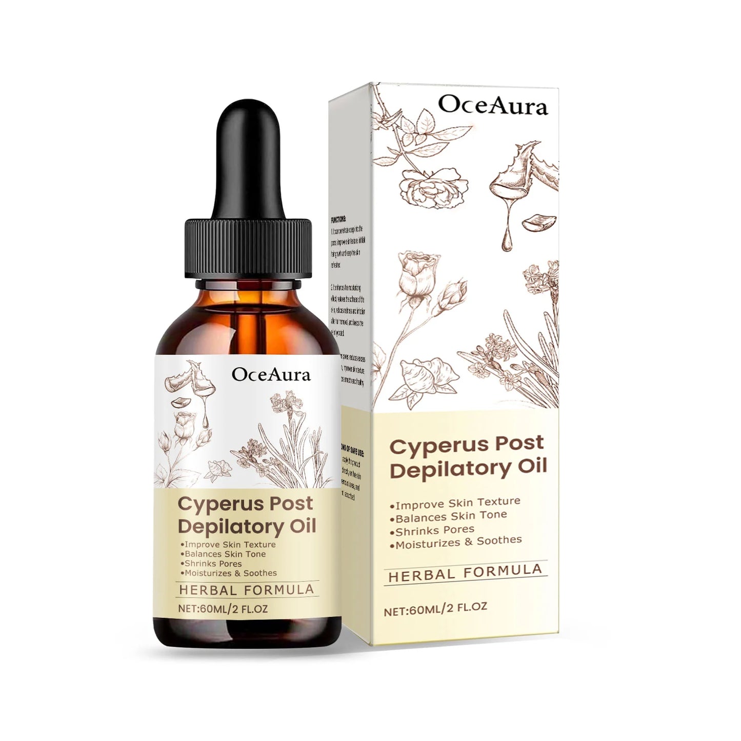 Cyperus Post Depilatory Oil for Hair Removal Hydrating Smoothing Armpit Legs Arms Body Hair Growth Inhibition Soothing Body Oil Peaceful Pleasures Health and Wellness 60ml boxed
