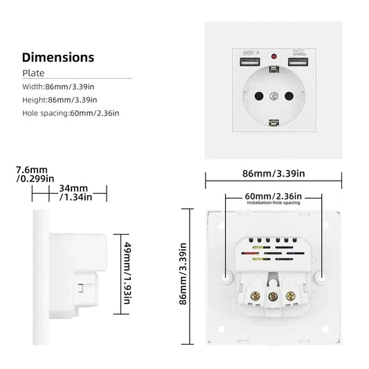 EU Wall Power Socket With USB and Type C Charging Port 2.1A 16A Gray PC Panel 86mm*86mm Russia Spain Peaceful Pleasures Health and Wellness