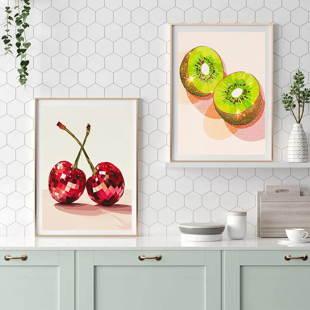 Retro Trendy Glam Fruit Disco Ball Orange Lemon Mirrorball Creative Poster Canvas Painting Wall Art Pictures Home Kitchen Decor Peaceful Pleasures Health and Wellness