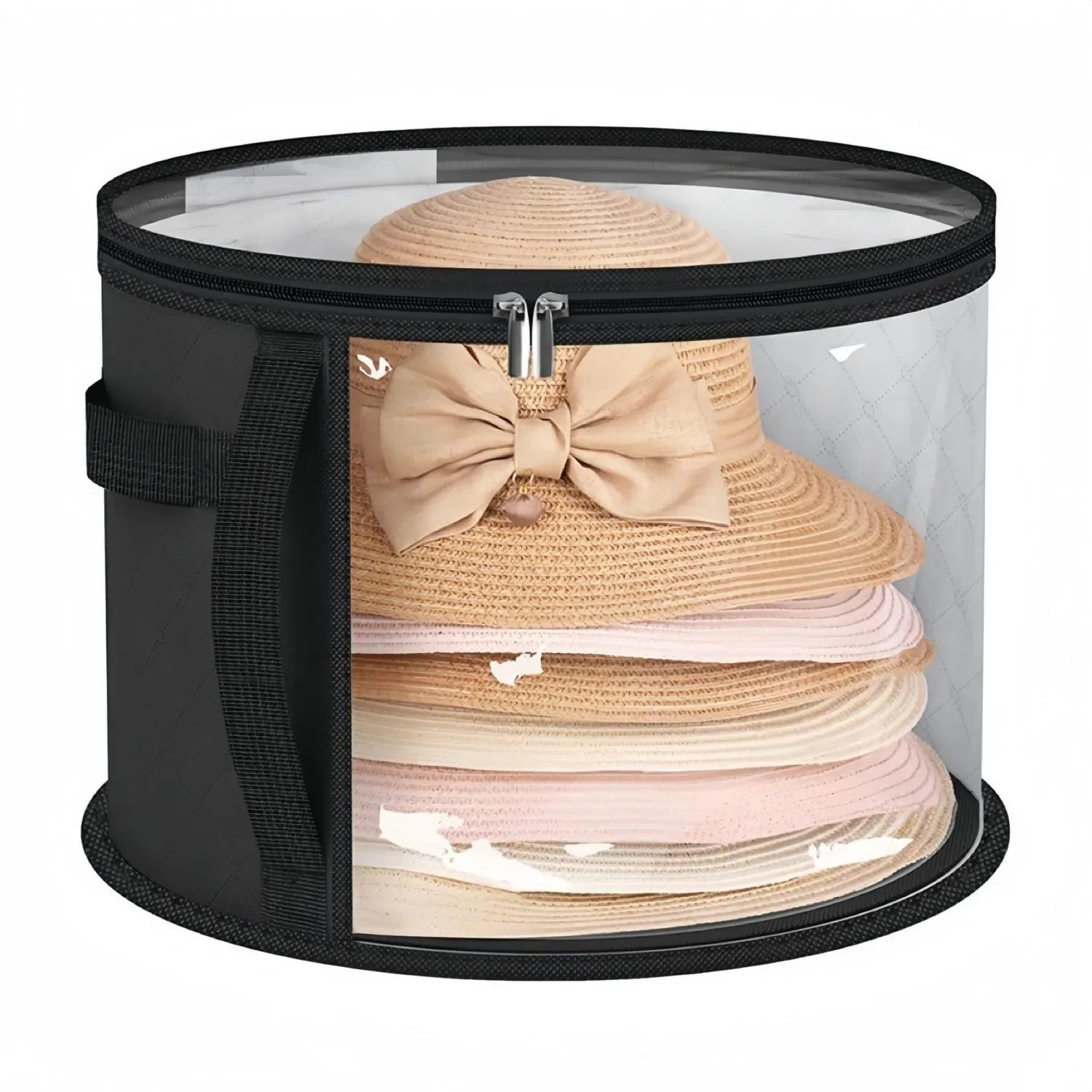 Hat Storage Bucket, Clothing Hat Travel Organizer, Foldable Round Brim Hat Storage Bag with Handle and Clear Window Peaceful Pleasures Health and Wellness black