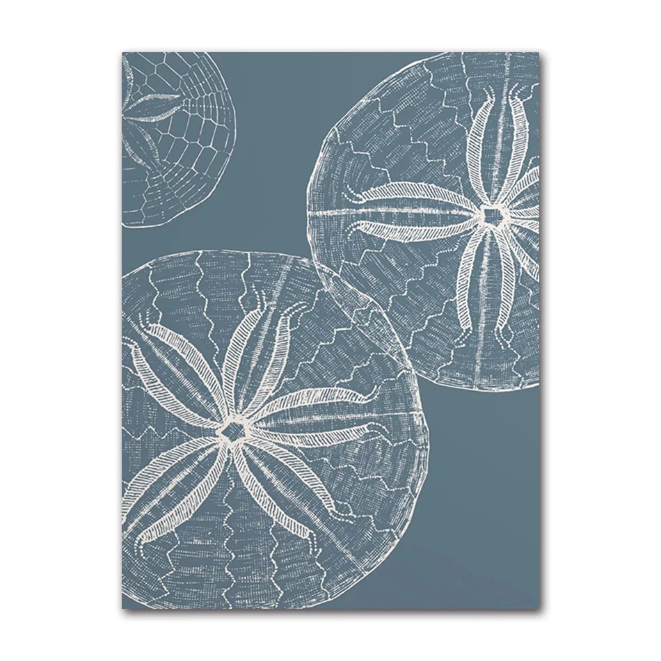 Coastal Blue Beach Antique Shell Sketch Poster, Starfish Jellyfish Conch Oil Painting Print, Wall Art for Kids Room Home Decor Peaceful Pleasures Health and Wellness 82052-02 20x30cm Unframed